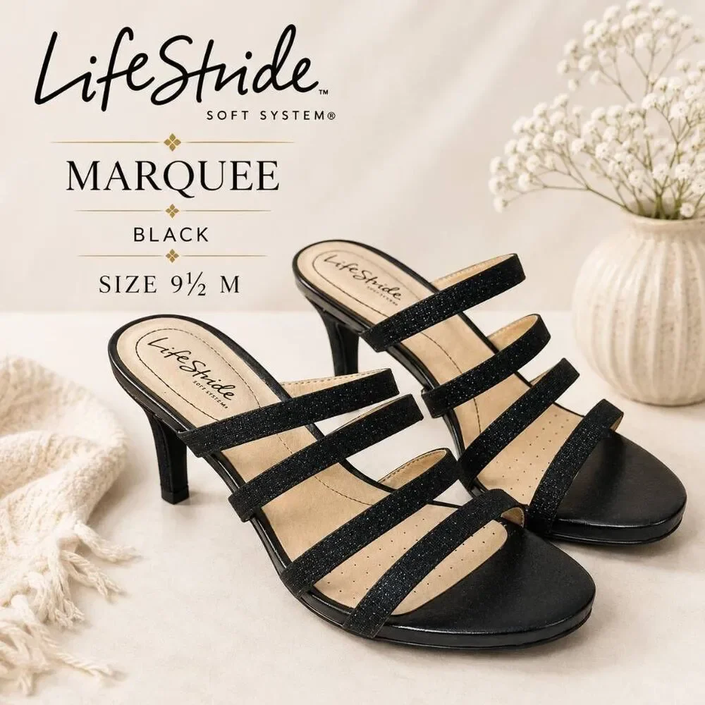 LifeStride Marquee Black Strappy Heels Sandals Soft System Size 9.5M NIB